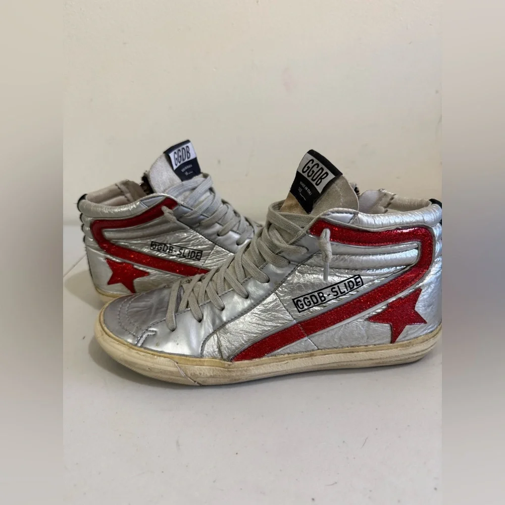 Golden Goose Silver High-Top Sneakers with Cream Soles